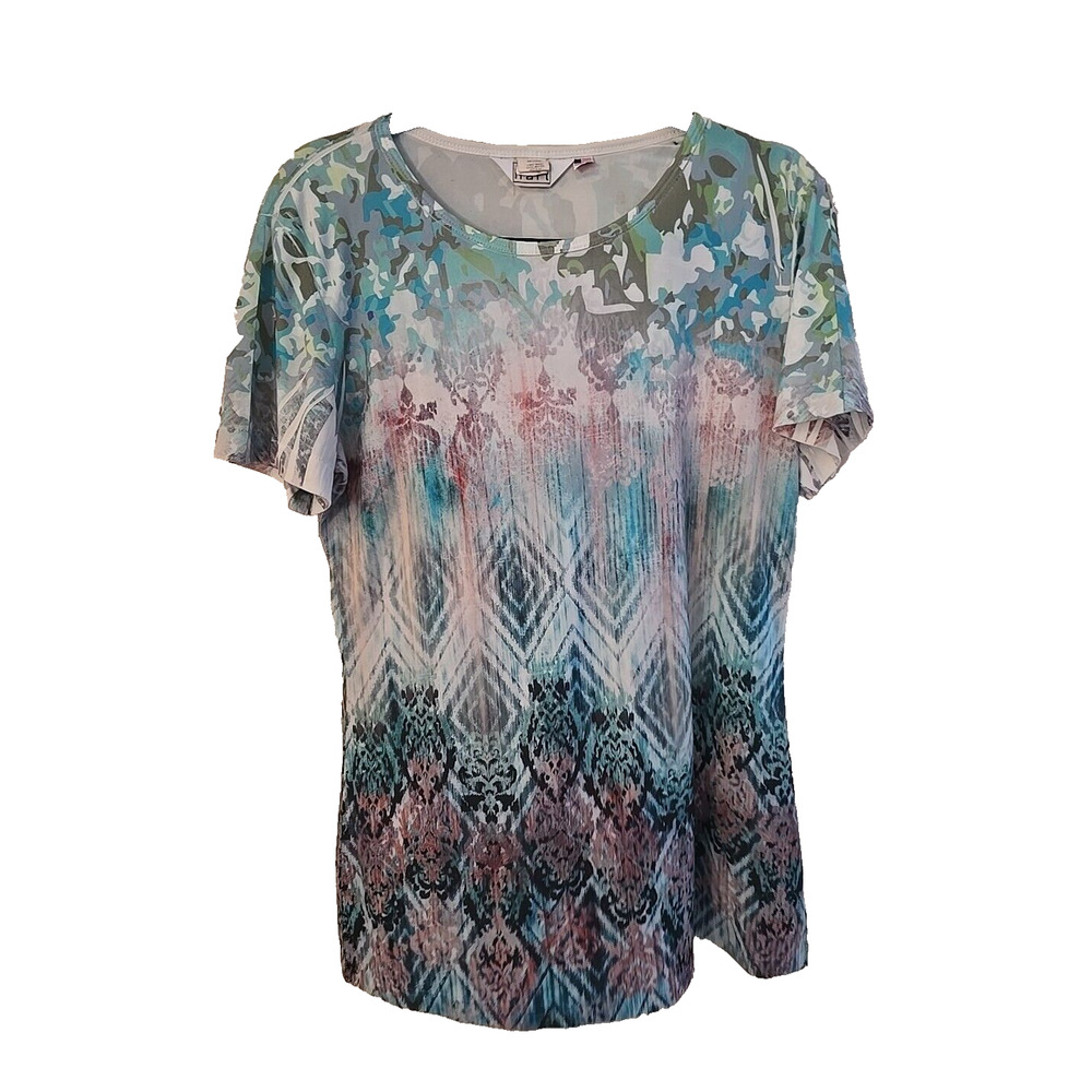 Keren Hart Multicolor Art to Wear Grunge Short Sleeve Casual Top Womans Sz Large